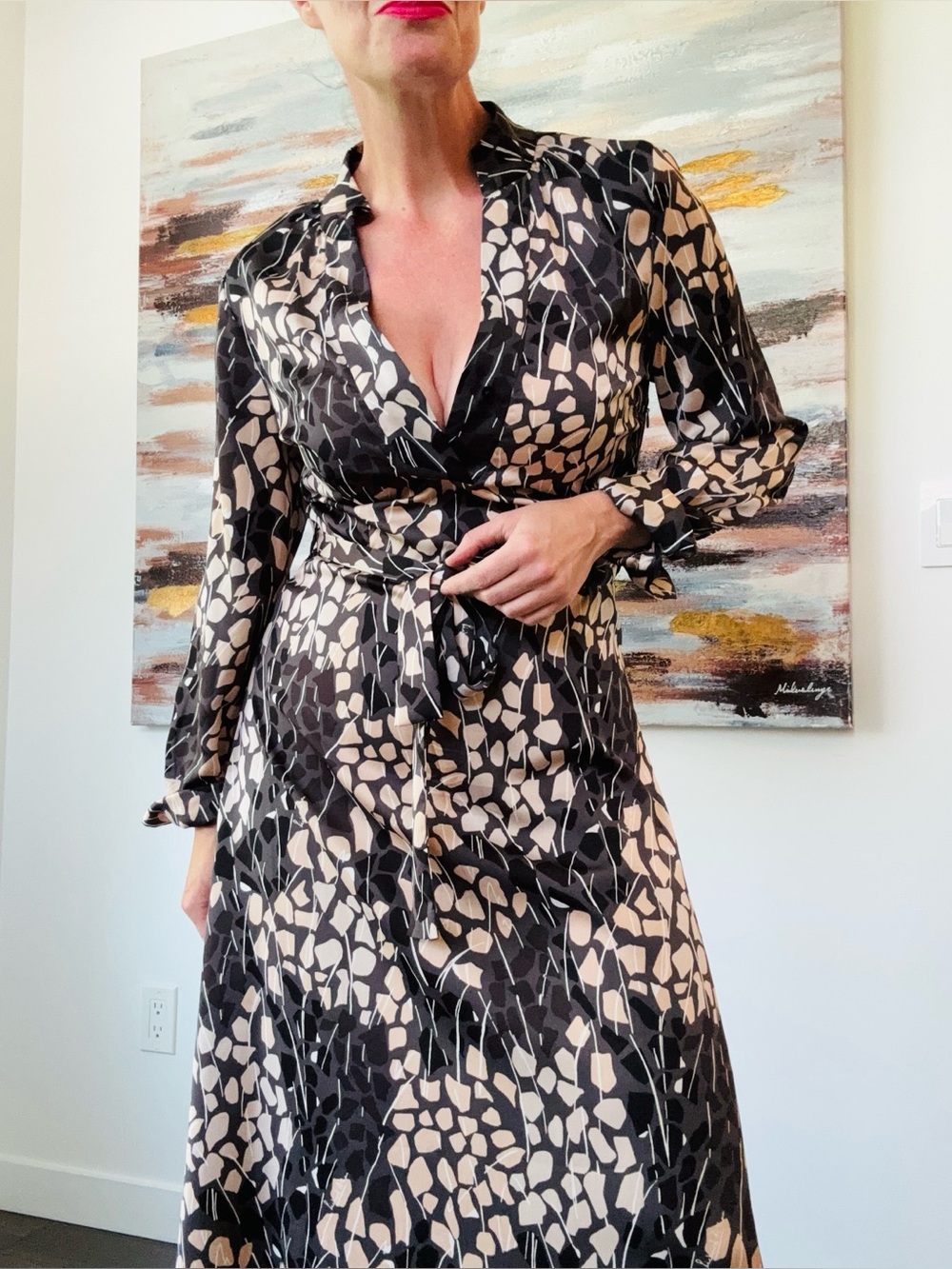 RICHARD ALLAN x H&M Satin Calf-Length Dress Abstract Geometric Midi Size 6